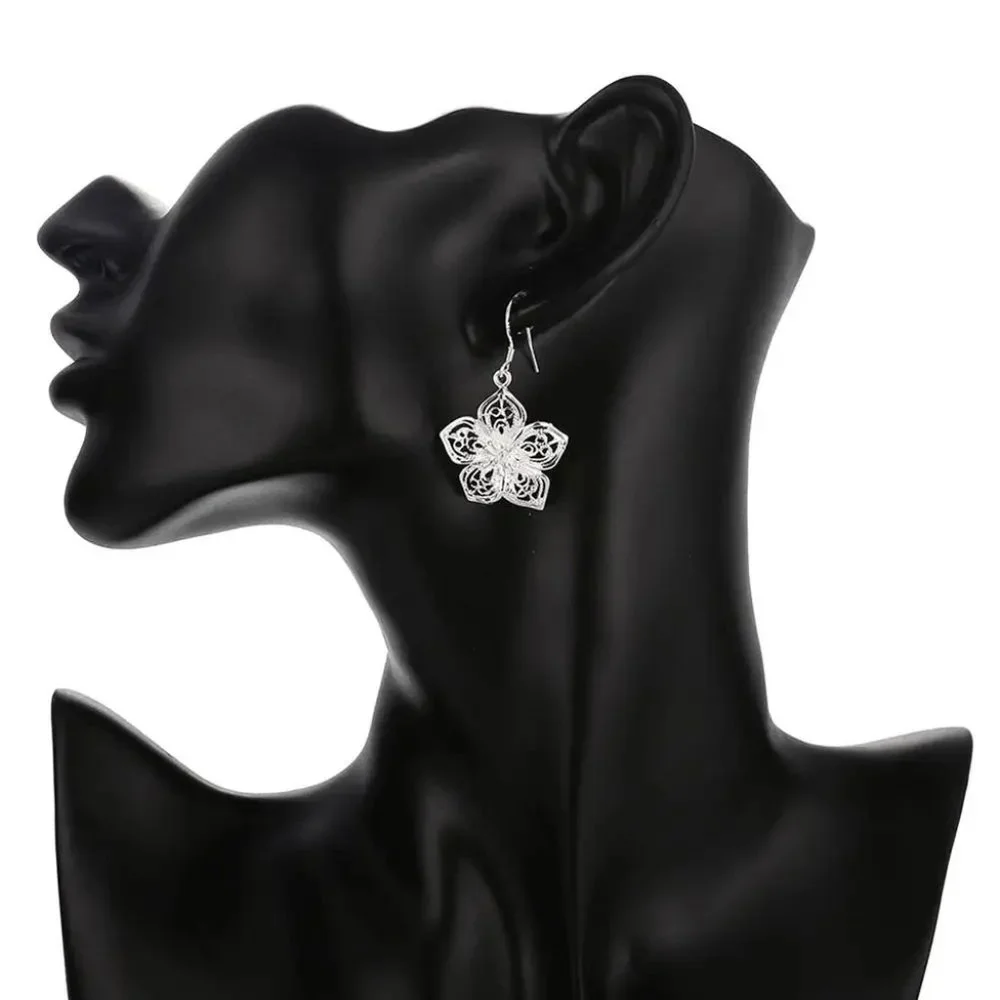 Gorgeous 3D Flower .925 Sterling Silver Hanging Earrings " Hypoallergenic " - Picture 6 of 8